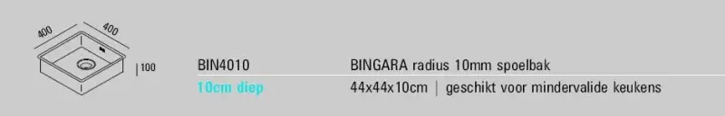 Fregadero ABK Bingara de acero inoxidable para discapacitados de poca profundidad 10cm de profundidad 40x40cm enrasado, bajo encimera y sobre encimera BIN4010FVI
