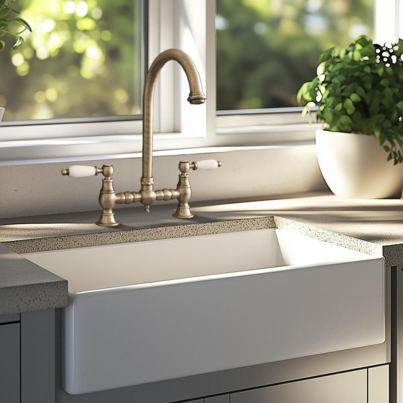 Grifo de cocina PB nostalgic bridge Caño redondo bronce con palancas blancas PBN.BRO.R.WH