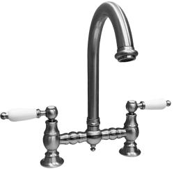 Grifo de cocina PB nostalgic bridge caño redondo acero inoxidable con palancas blancas PBN.RVS.R.WH