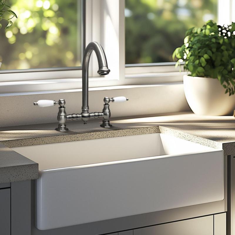 Grifo de cocina PB nostalgic bridge caño redondo acero inoxidable con palancas blancas PBN.RVS.R.WH