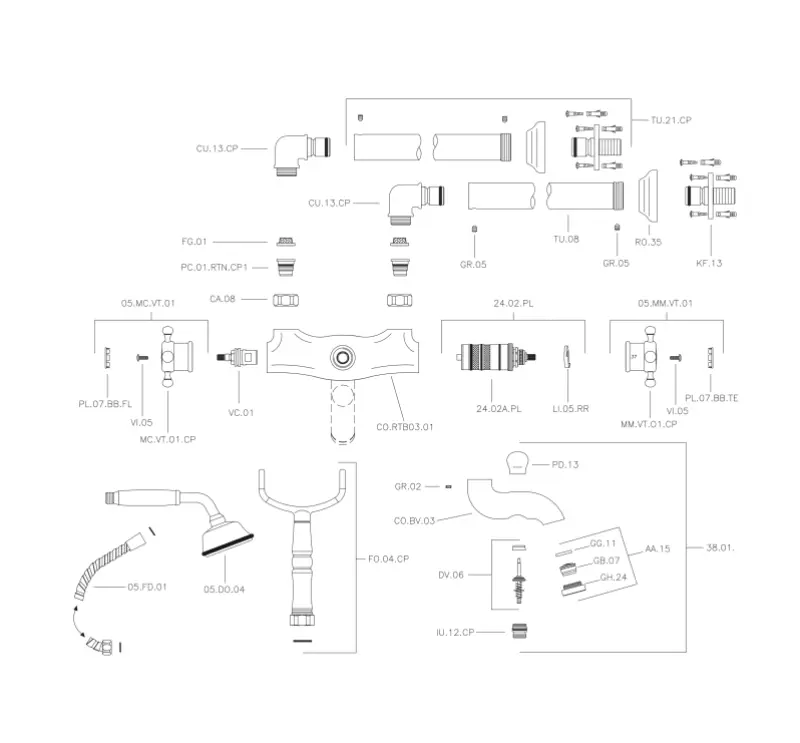 Mezclador Termostático Huber Victorian de pie con Accesorios de Ducha acero inoxidable VTT390102A