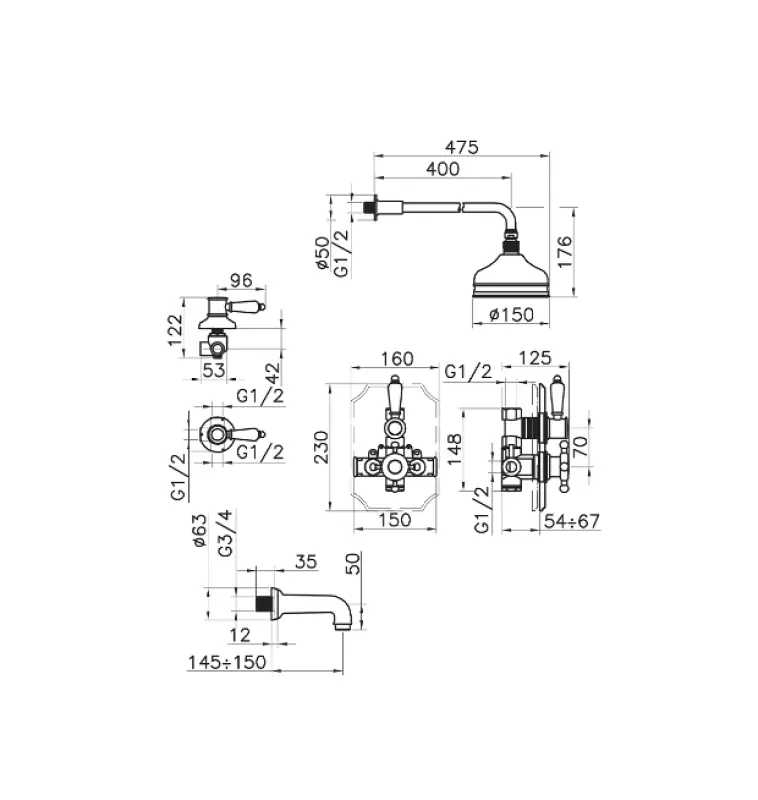Conjunto de ducha Huber Victorian termostática empotrada acero inoxidable 916.VT01H.AC
