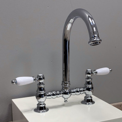 PB Old fashion Bridge kitchen faucet Chrome round spout with white handles PBN.CHR.R.WH