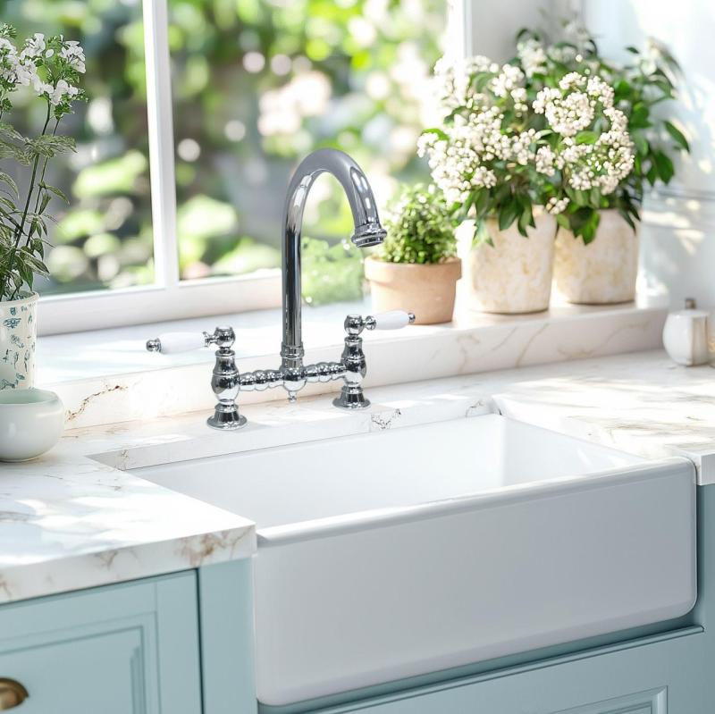 Grifo de cocina PB Nostalgic Bridge Caño redondo cromado con palancas blancas PBN.CHR.R.WH