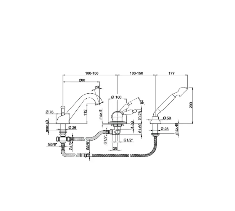 Mezclador de baño Cisal Arcana Empress de 3 orificios con teleducha en color cobre EM00126026