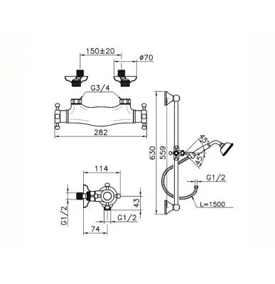 Huber Victorian Thermostatic shower mixer with sliding bar Gold VTS010102G