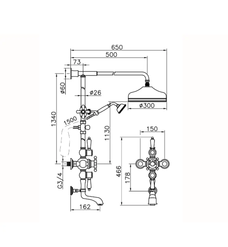 Conjunto Termostático Huber Victorian para Bañera/Ducha 30cm Dorado 592.VN31H.AG
