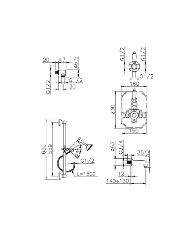 Conjunto Ducha-Baño Huber Victorian Termostático empotrado acero inoxidable 914.VT01H.AC