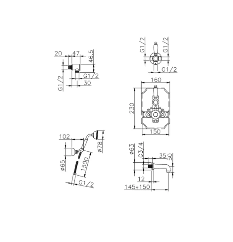 Conjunto Ducha-Baño Huber Victorian Termostático empotrado acero inoxidable 915.VT01H.AC