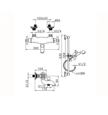 Huber Croisette Thermostatic bath-shower mixer with sliding bar Gold CSS270102G