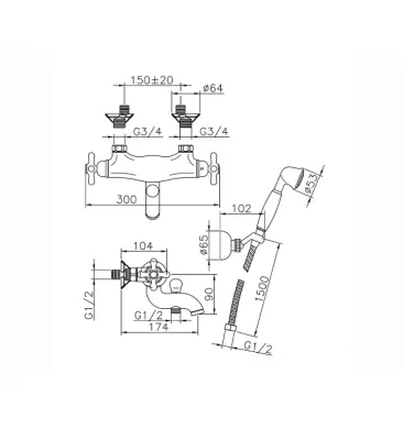 Huber Croisette Thermostatic bath mixer with shower set Gold CSD270102G