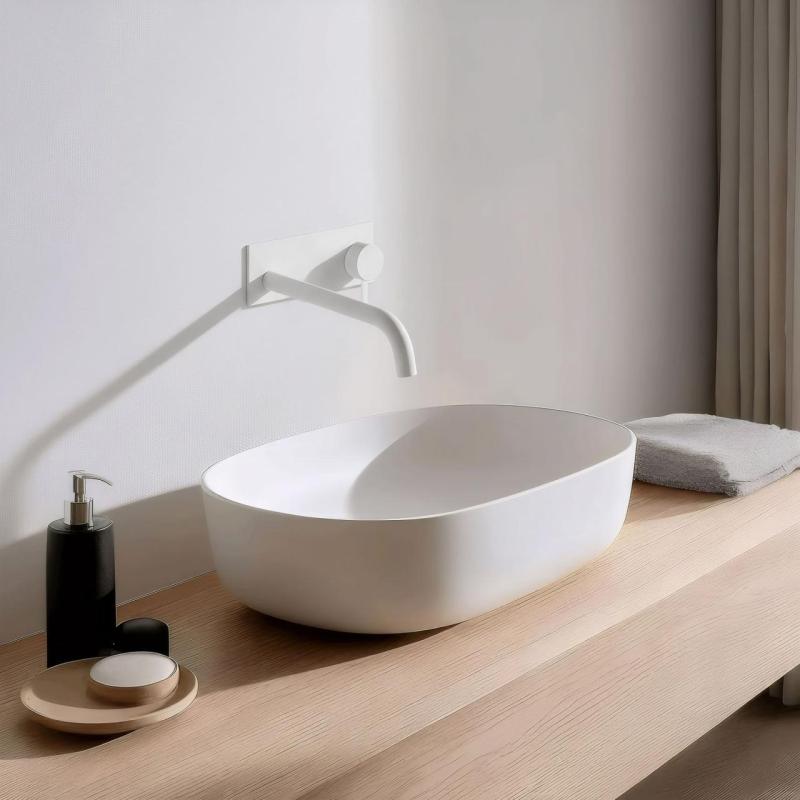 Grifo mezclador de lavabo Waterevolution Flow empotrado con embellecedor blanco mate y caño 25cm T1161BBR-25