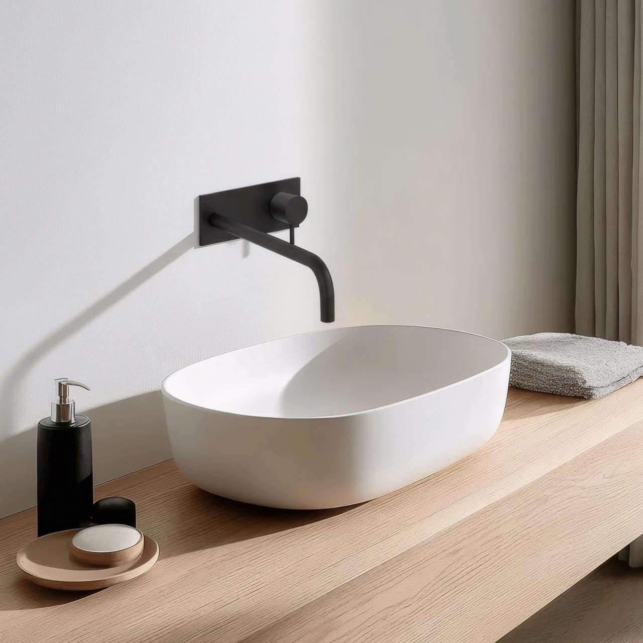 Grifo mezclador de lavabo Waterevolution Flow empotrado con embellecedor negro mate y caño 25cm T1161BPR-25