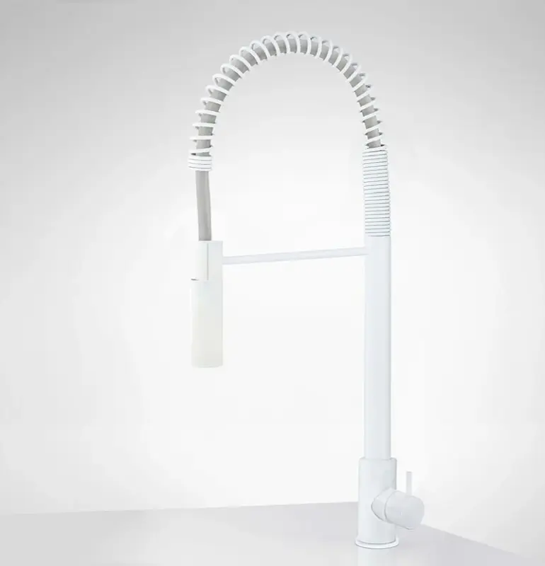 Grifo monomando de cocina semiprofesional Waterevolution Flow blanco mate con columna y muelle T157BR