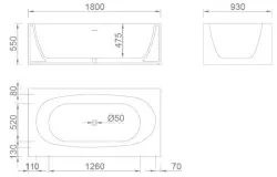 Solid-S Bañera independiente Recto de superficie sólida Corian, 180 cm de largo x 93 cm de ancho x 55 cm de alto, blanco mate, últimas unidades en stock