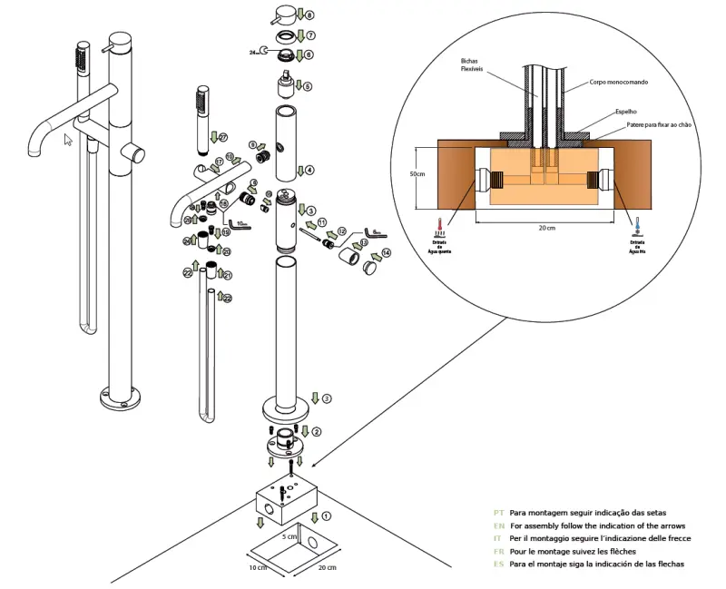 Mezclador Waterevolution Flow de pie para bañera con teleducha totalmente de acero inoxidable T133IE