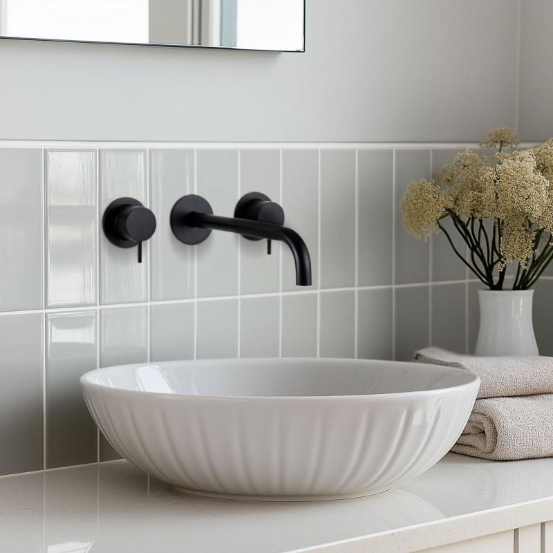 Grifo de lavabo empotrado Waterrevolution Flow de 3 orificios, negro mate, con caño de 25 cm T1163FPR-25