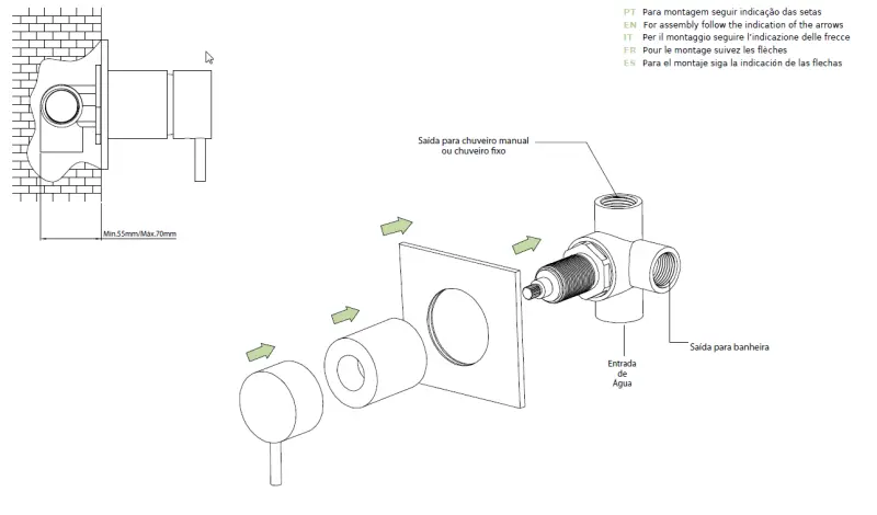 Desviador Waterevolution Flow empotrado de 2 vías acero inoxidable con roseta redonda T1482SIE