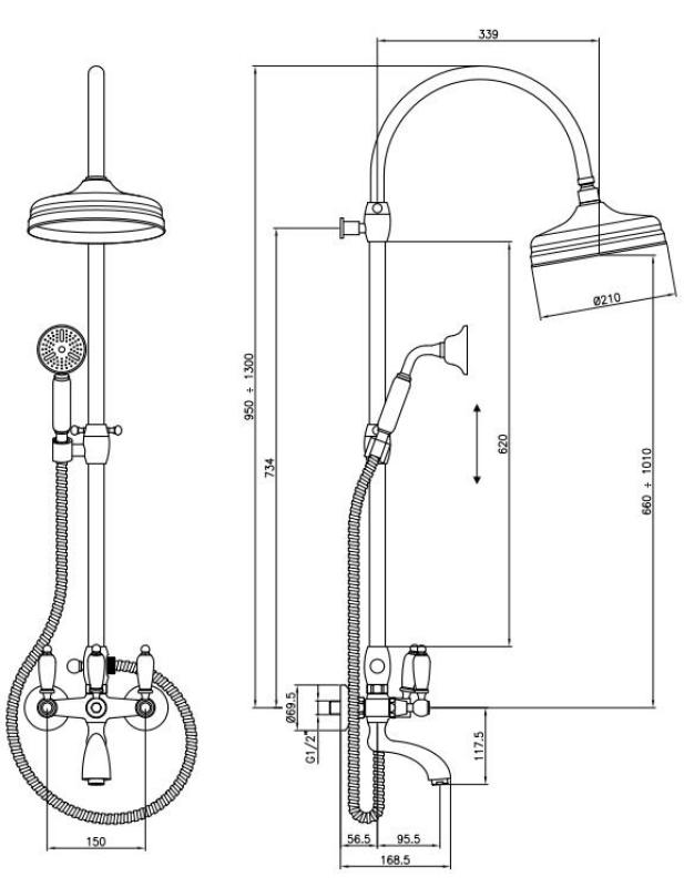 PB juego de ducha clásico para montaje en superficie con ducha de lluvia cromada 1208854812