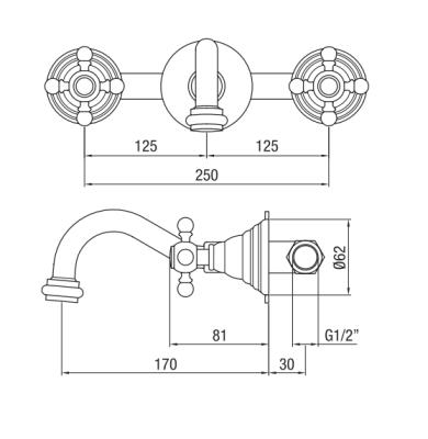 PB classic built-in wall tap with star handles, 16 cm spout, stainless steel 1208855062