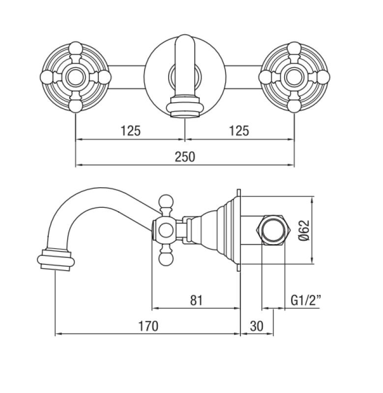 Grifo empotrado clásico PB con manijas en forma de estrella, salida de 16 cm, acero inoxidable 1208855062
