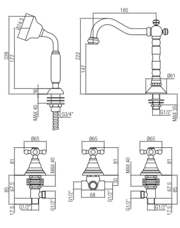 Grifo de bañera PB Classic de 5 orificios con pomos fuertes bronce 1208855782