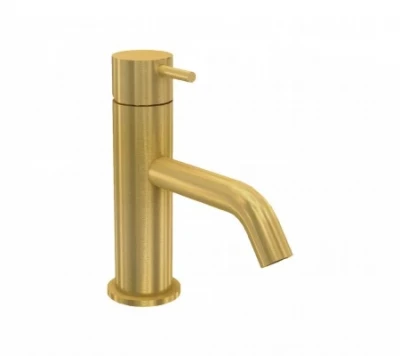 Grifo bajo para lavabo Waterevolution Flow con tapón de clic, latón cepillado T110LE