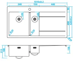 Fregadero Caressi de acero inoxidable de 1,5 a la izquierda con escurridor a la derecha CAPP3415ABL B101xL52 de montaje sobre encimera, bajo encimera y enrasado 1208921302