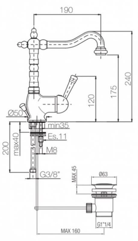 Grifo mezclador PB Nostalgic monomando de lavabo con caño giratorio 190 mm - con desagüe Bronce