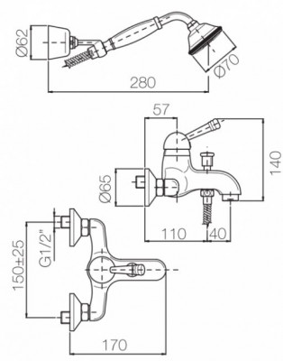 PB Nostalgic bath mixer with hand shower set stainless steel