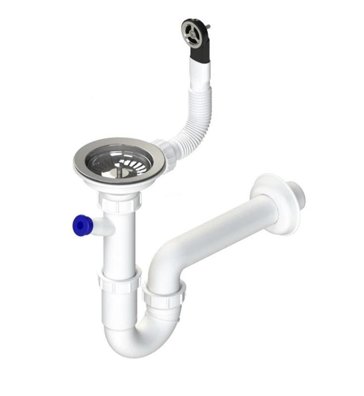 Conjunto de desagüe de acero inoxidable GraniteMy con rebosadero redondo incl. sifón para un solo fregadero 1208952965