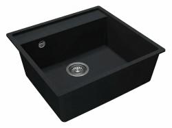 GraniteMy Bremen fregadero de granito 53x50 cm negro para montaje superior, bajo encimera y a ras de encimera con plataforma para grifo CON TAPÓN DE ACERO INOXIDABLE