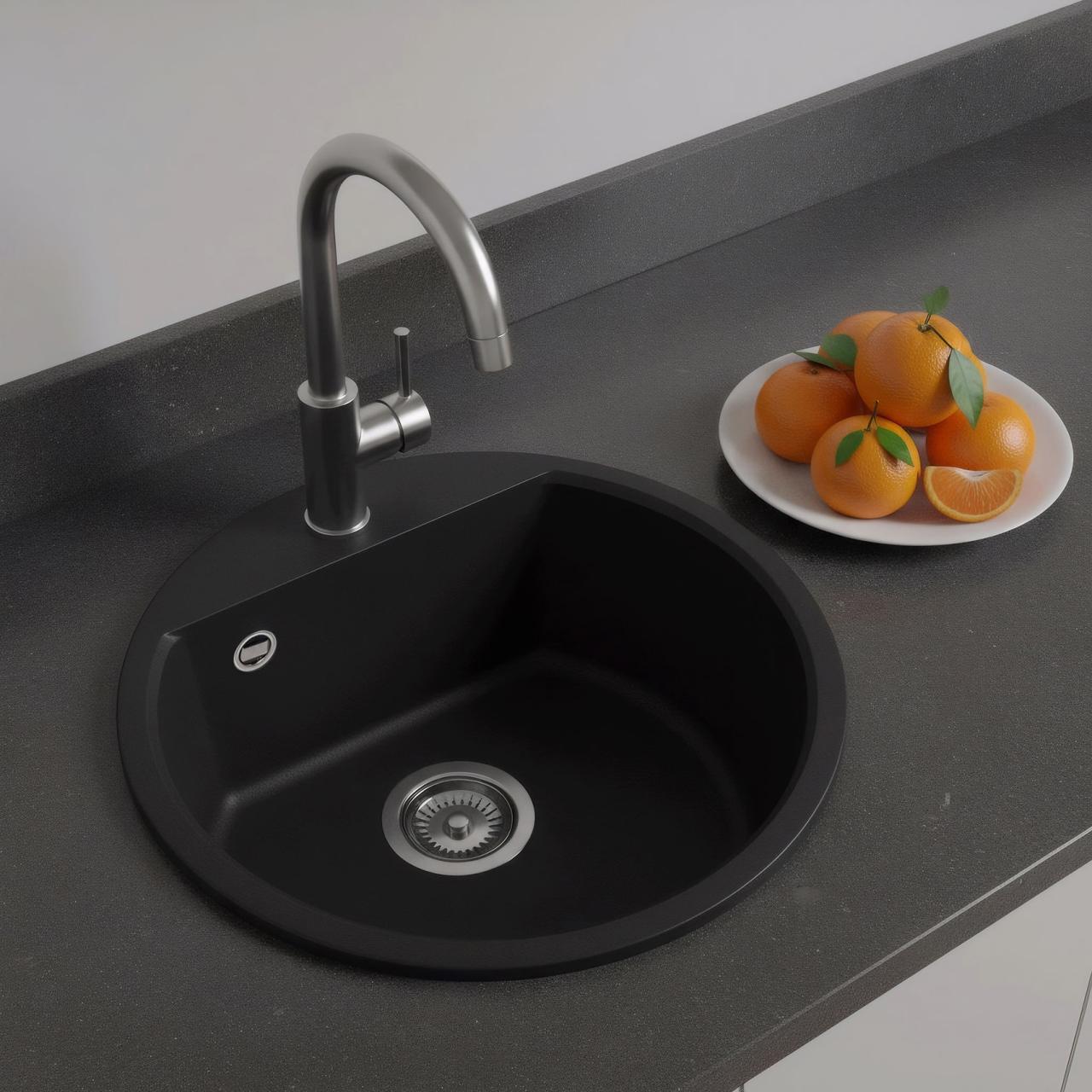 Fregadero redondo de granito GraniteMy Bremen de 43 cm negro sobre encimera y bajo encimera con orificio para grifo de banco con tapón de acero inoxidable 1208953206