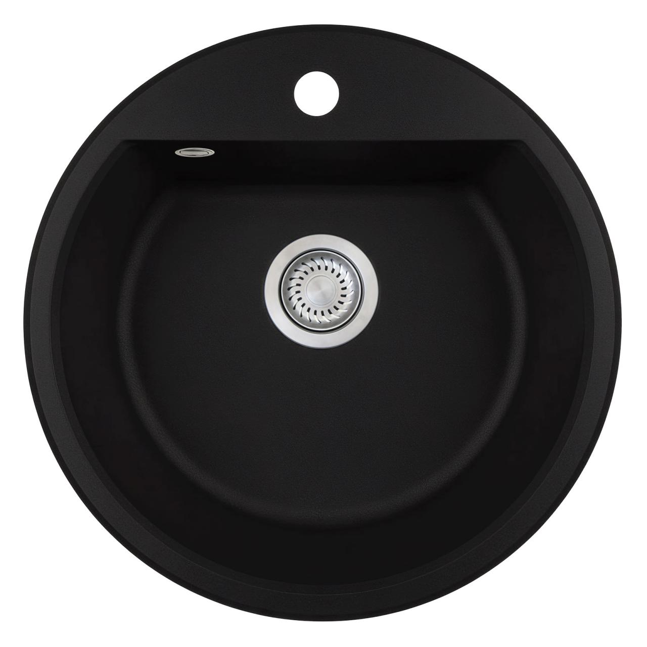 Fregadero redondo de granito GraniteMy Bremen de 43 cm negro sobre encimera y bajo encimera con orificio para grifo de banco con tapón de acero inoxidable 1208953206