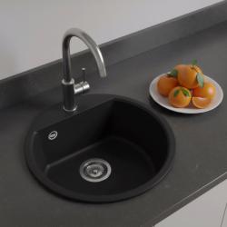 Fregadero redondo de granito GraniteMy Bremen de 43 cm negro sobre encimera y bajo encimera con orificio para grifo de banco con tapón de acero inoxidable 1208953206