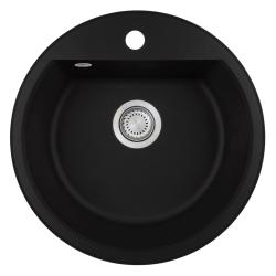 Fregadero redondo de granito GraniteMy Bremen de 43 cm negro sobre encimera y bajo encimera con orificio para grifo de banco con tapón de acero inoxidable 1208953206