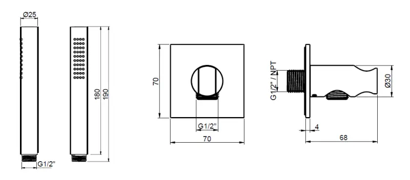 Conjunto de teleducha SB 316 Square con flexo y soporte de suspensión acero inoxidable