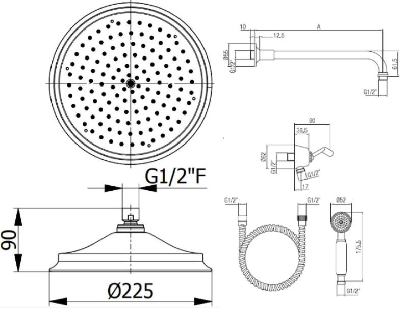 Conjunto de ducha PB Classic Nostalgic empotrado cromado con teleducha y efecto lluvia 225mm 1208953841