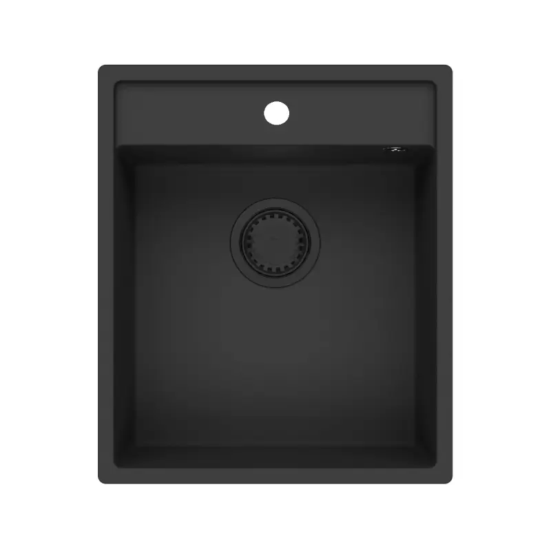 GraniteMy Bremen fregadero de granito 44x52 cm negro para montaje superior, bajo encimera e integrado, con plataforma para grifo 1208953870.