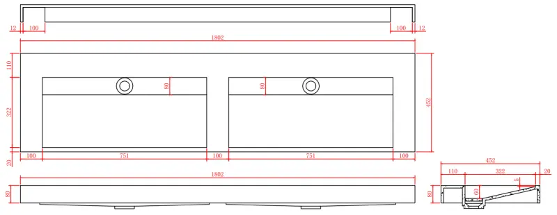 Doble lavabo de mármol sólido-S de superficie sólida en mármol negro mate sin orificio para grifo con cubierta sólida B180xD45xH8 1208953889.