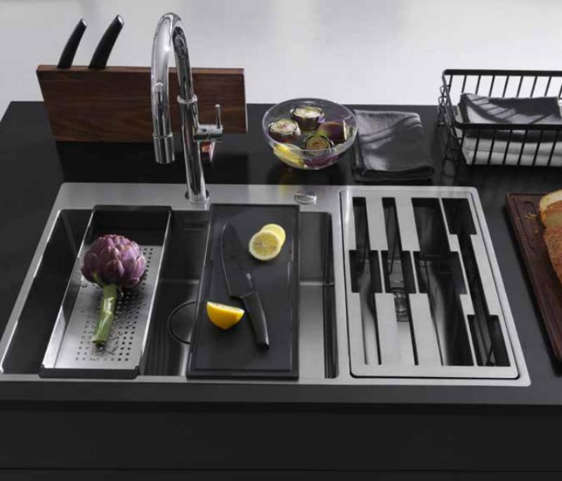 Fregadero de acero inoxidable Franke Box Center BWX220-54-27 derecha con tabla de cortar, juego de cuchillos y cesta de alambre 86x51cm 127.0587.644