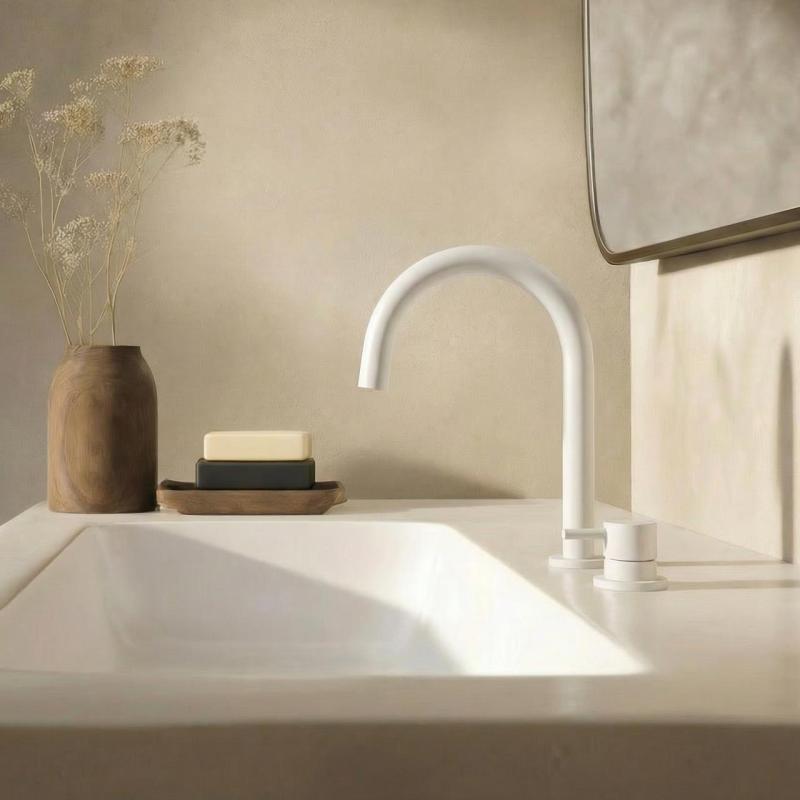 Grifo de lavabo Waterevolution Flow de 2 orificios, blanco, con caño bajo de 113 mm T1121UBR