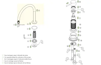 Grifo de lavabo Watervolution Flow de 2 orificios, totalmente de acero inoxidable, con caño alto de 200 mm T1122UIE