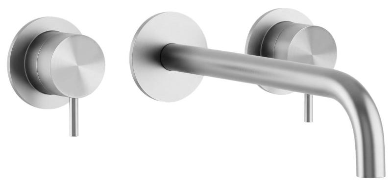 Grifo de lavabo empotrado Waterrevolution Flow de 3 orificios, totalmente de acero inoxidable, con caño de 15 cm T1163FIE-15