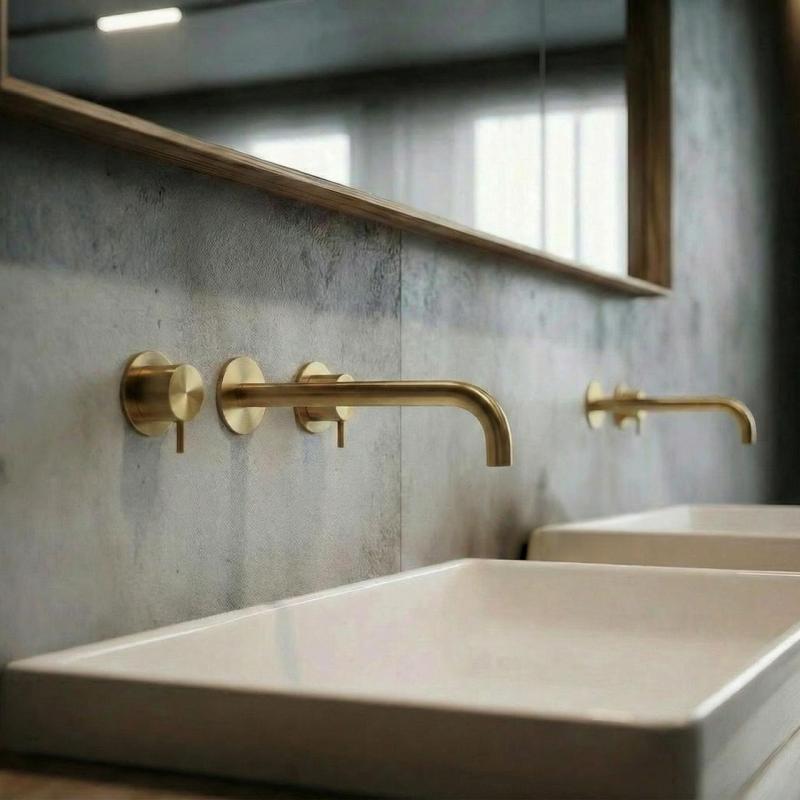 Grifo de lavabo empotrado Waterrevolution Flow de 3 orificios, latón cepillado con caño de 21 cm T1163FLE-21