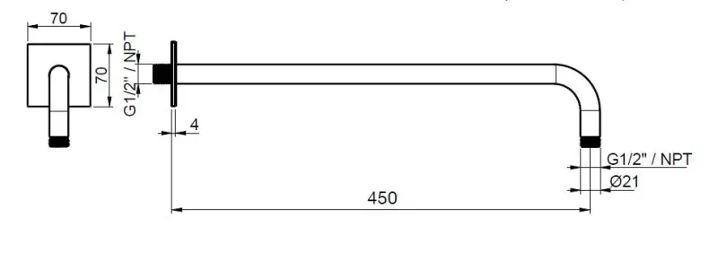Brazo de ducha mural SB Square 316 redondo 35cm con roseta cuadrada acero inoxidable 316 macizo cepillado