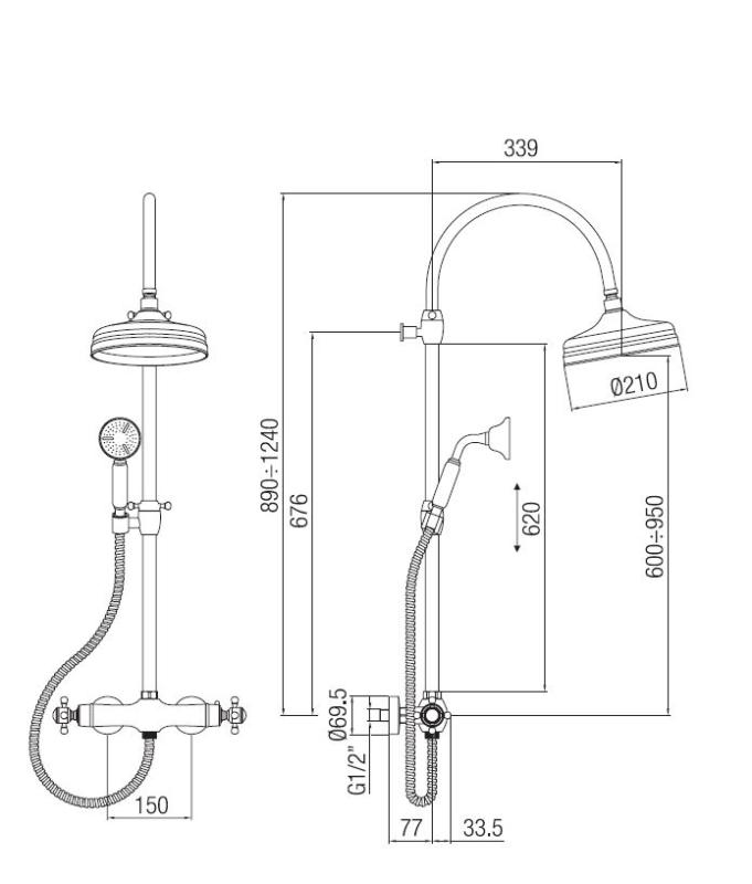 Columna de ducha PB Classic con grifo mezclador termostático y efecto lluvia acero inoxidable