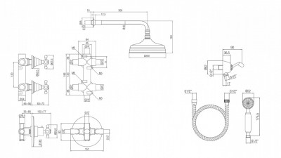 PB nostalgic built-in shower set with thermostatic tap and 2 stop taps - hand shower - rain shower 200mm - stainless steel