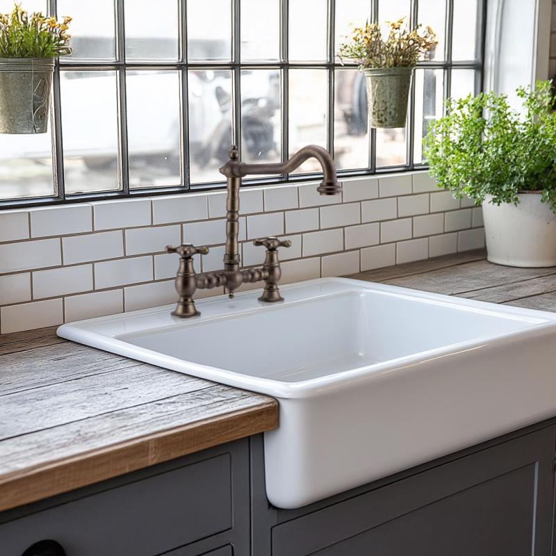 Grifo de cocina PB Nostalgic Bridge de bronce oscuro con caño acodado y manillas de estrella 1208954667