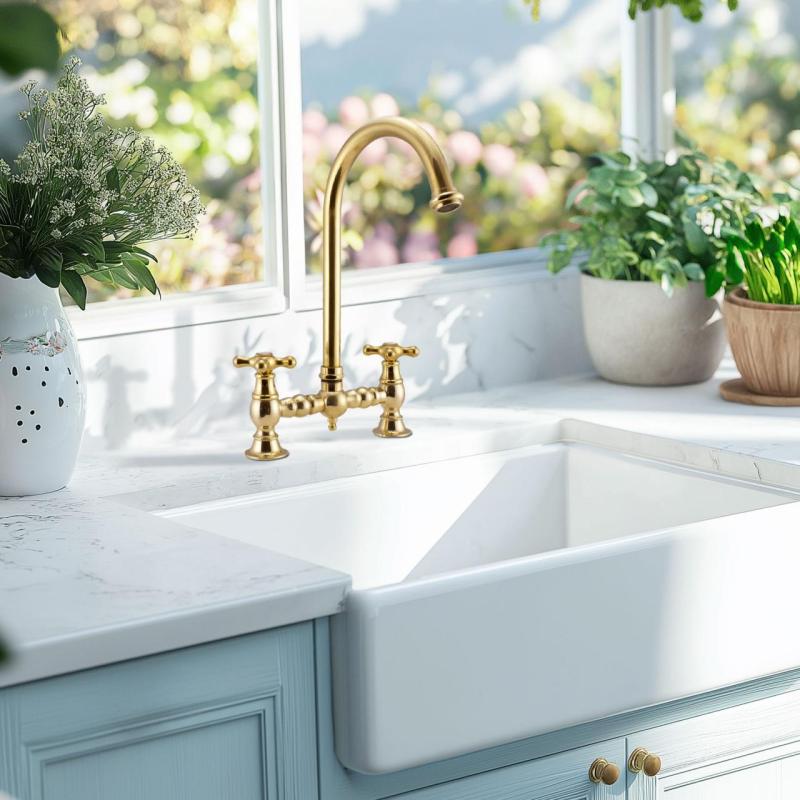 Grifo de cocina PB Nostalgic Bridge Latón Nature caño redondo con manillas de estrella 1208954669